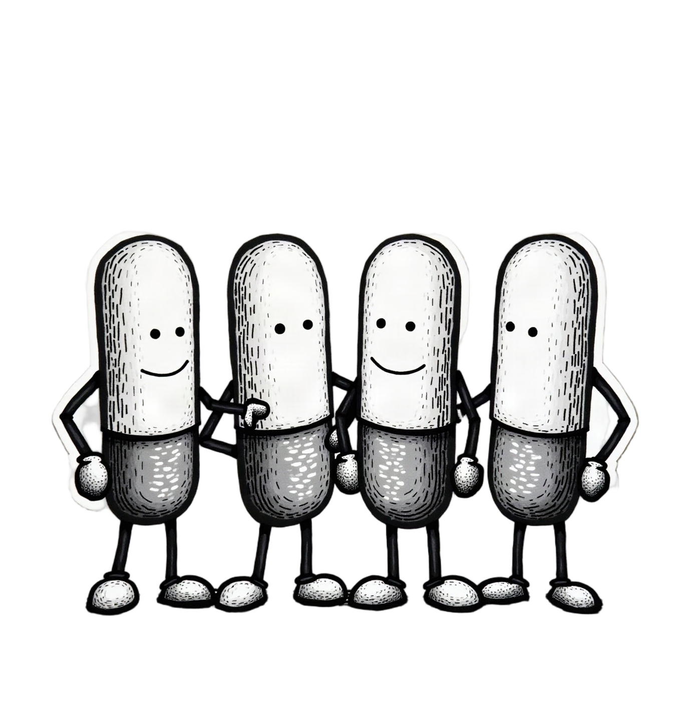 One pill-shaped figure hands a card to another who reaches for it