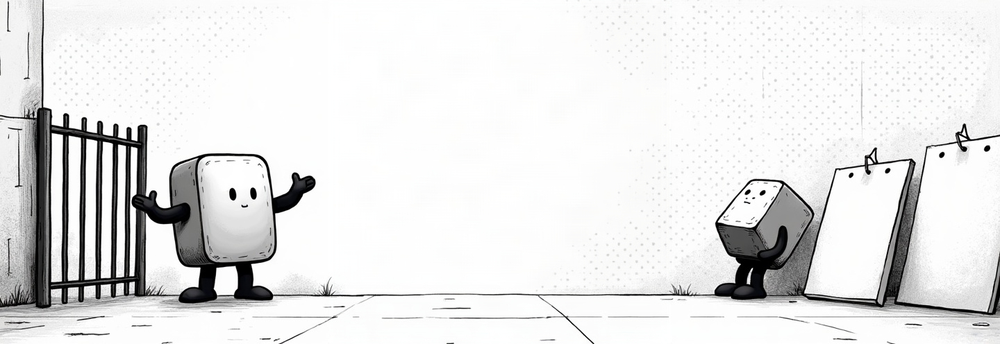 A trader waves from outside a closed gate while a captain sits behind a stack of unreadable notes
