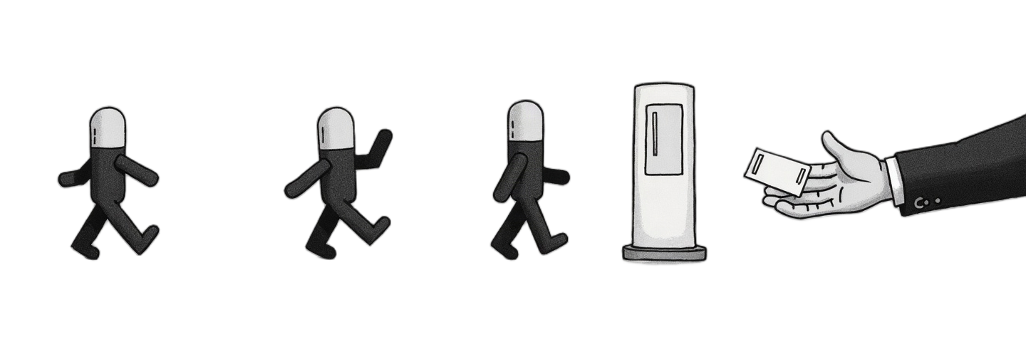A figure walks past four stations and receives an invitation at the end